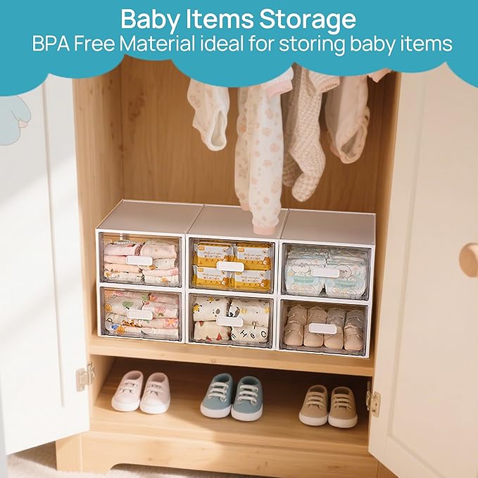Vtopmart 4 Pack White Stackable Storage Drawers 15QT, Easily Assemble Closet Organizers,Plastic Storage Bins for Bathroom,Cabinet,Kitchen Pantry,Under Sink Organization(Medium)
