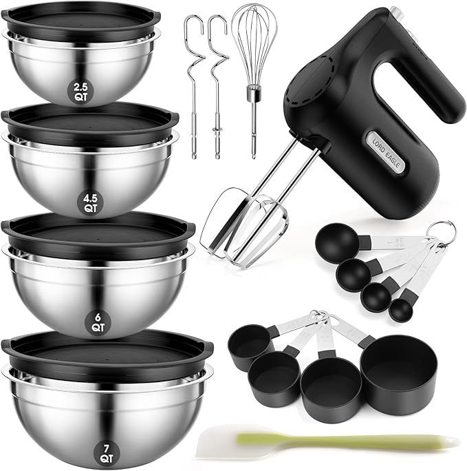 Lord Eagle 5-Speed Hand Mixer Electric With 4 Stainless Steel Mixing Bowls Set, 300W Lightweight Kitchen Handheld Mixer with Measuring Cups & Spoons, Baking Supplies for Cake, Black