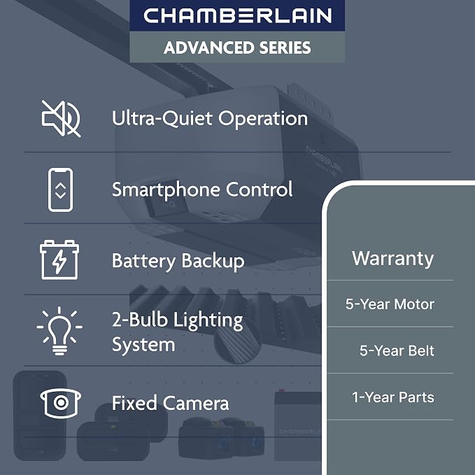 Chamberlain Belt Drive myQ Garage Door Opener, 3/4HP w/Fixed Camera | Ultra quiet belt drive, smart garage myQ integration, Includes: 2 remotes, wall control, battery backup & safety sensors