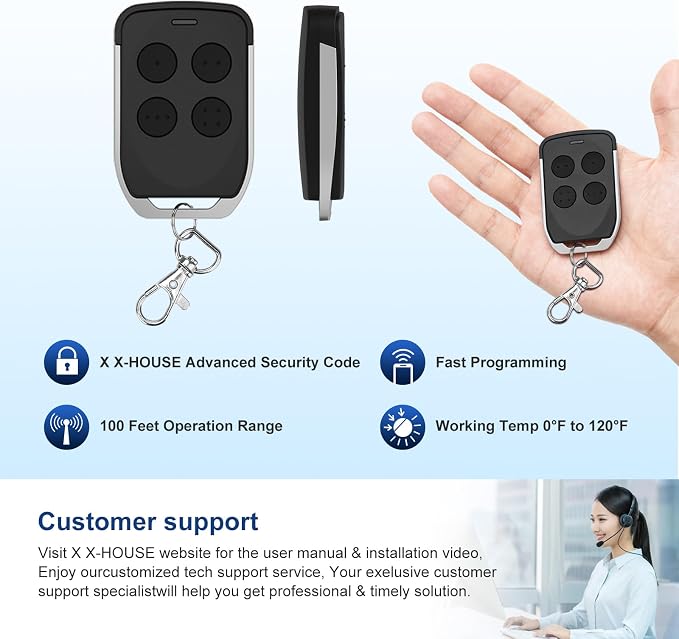 X X-HOUSE Gate Opener Remote Control Transmitter for X X-HOUSE & JUJIANG Automatic Swing Sliding Gate Openers with 100Ft Range, Replacement for JUJIANG Gate Opener Keychain Remote Security Kit