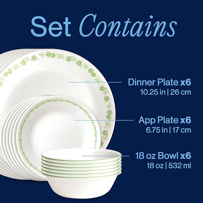 Corelle Vitrelle 18 Piece Glass Dinnerware Sets Service for 6, Triple Layer Chip & Crack Resistant Glass Plate and Bowl Sets, Spring Blossom Green