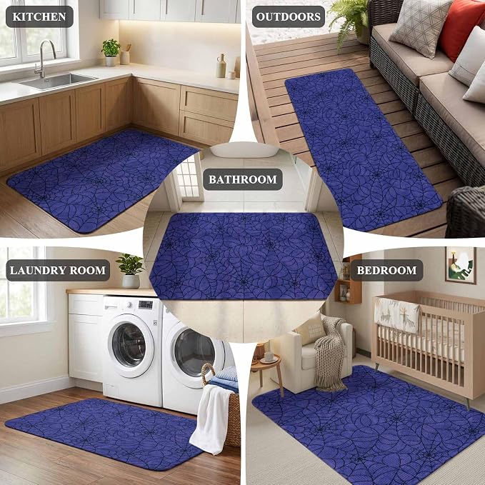 Large Entryway Rug 31.5"x63",Navy Blue Halloween Absorbent Non Slip Indoor Outdoor Floor Mat,Black Spiders Net Classic Gingham Low Profile Area Rug for Front Entrance Mudroom Patio Garage Double Door