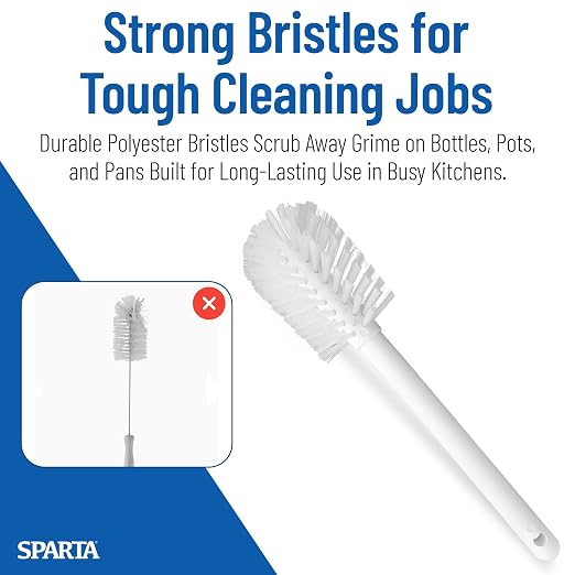 SPARTA Large Water Bottle Brush Ideal for Wide-Mouth Jars, Bottles and Tumblers, Dishwashing Tool with Handle for Home and Commercial Kitchens, Plastic, 12 Inches, White, (Pack of 6)