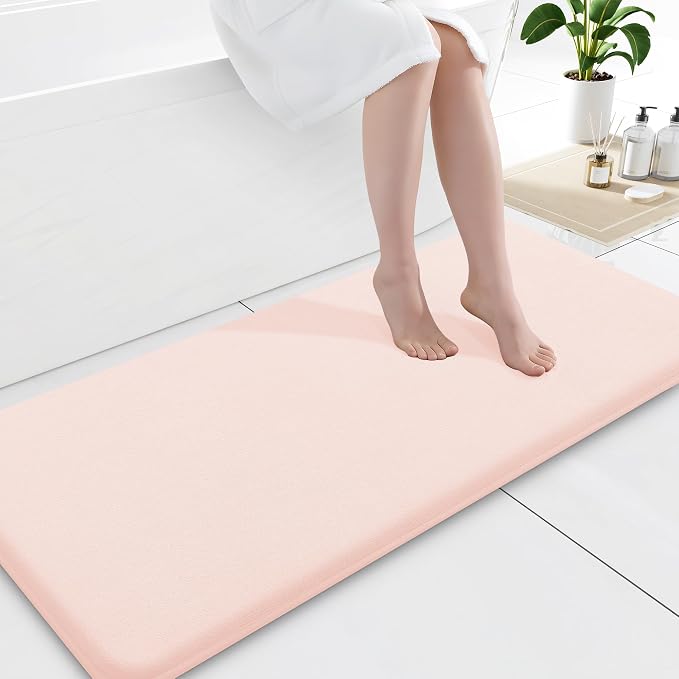 Smiry Memory Foam Bath Mat 47x17, Extra Soft and Absorbent Bathroom Mats, Non Slip Washable Carpet for Floor, Shower and Tub, Pink