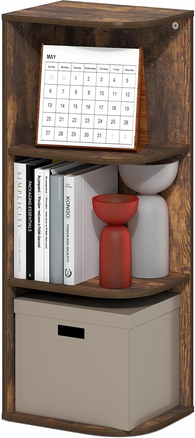 Furinno PASIR Book Shelf, 3-Tier Corner Bookshelf with Open Shelf, Standing Bookcase, 9.3 x 12 x 31.5, for Organization and Storage, for Living Room, Bedroom, Home Office, Amber Pine