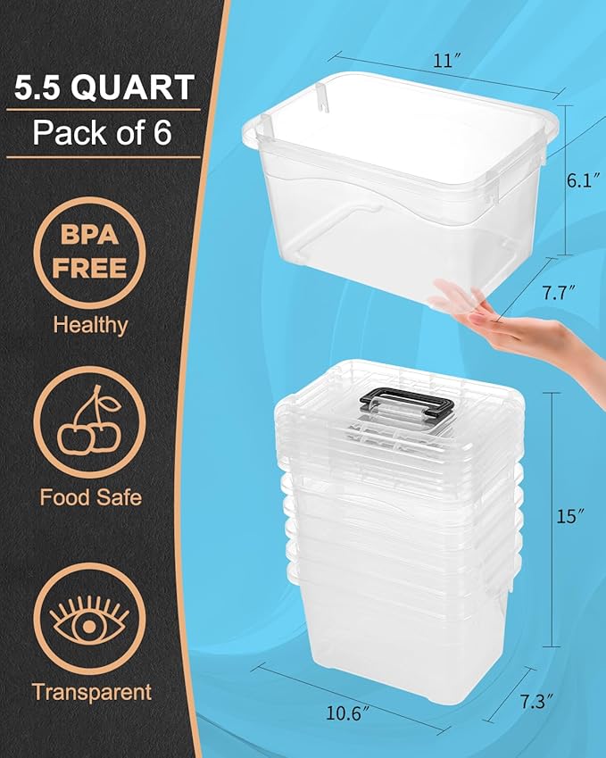 EOENVIVS Plastic Storage Bins with Lids 6 Packs, 7 Quart Storage Organizer Bins with Buckle-Up Latches and Handle, Stackable Storage Containers for Home Pantry Office Classroom Organization, Clear