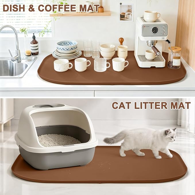 SMILOOL Waterproof Silicone Pet Food Mat with Raised Edge for Dog & Cat | 36" x 24" Non-Slip Large Pet Feeding Mats with Lip for Food & Water Bowl, Food Grade, Easy Cleaning, Brown