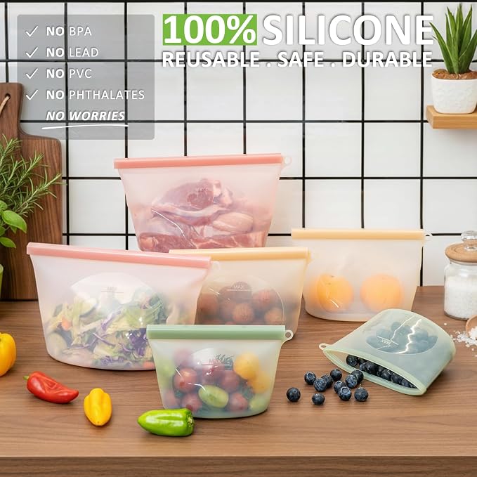 100% Reusable Silicone Bags for Food Storage, 12 Pack Double-Lock Reusable Bags Stand-Up Wide-Mouth Leakproof for Soup, Sous Vide, Freezer Microwave Dishwasher Safe, 4 Half Gallon 4 Sandwich 4 Snack