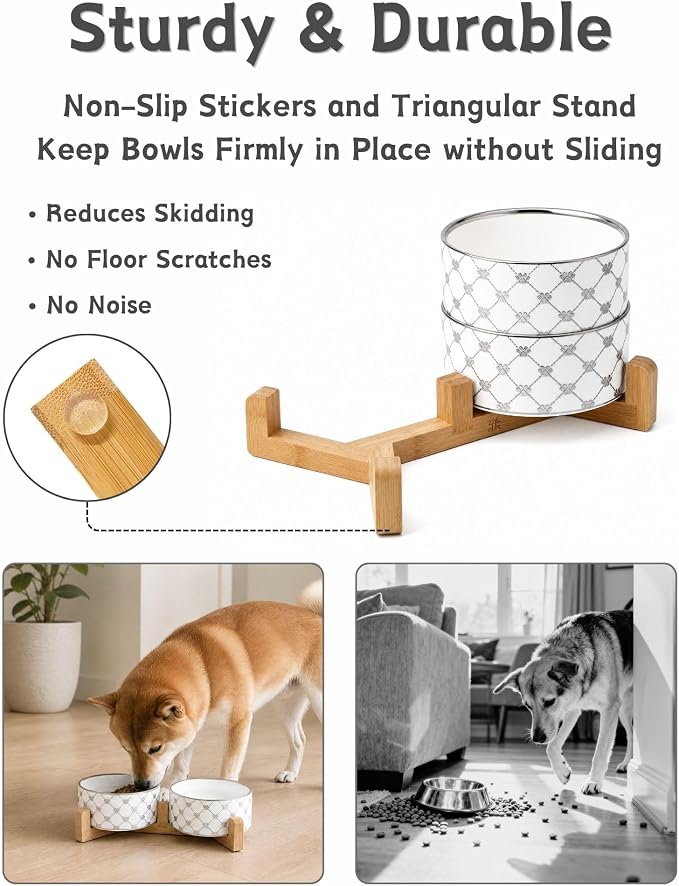 TRUVIC Ceramic Dog Bowl Set of 2 with Wood Stand, Silver Claw Pattern Dog Food and Water Bowl Set, 3.5 Cup/28 oz Puppy Food Bowls for Medium Dogs, Dishwasher Safe