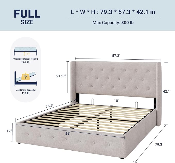 Allewie Full Size Lift Up Storage Button-Tufted Bed Frame Light Beige | Modern Wingback Headboard, Hydraulic Support Storage, No Box Spring Needed