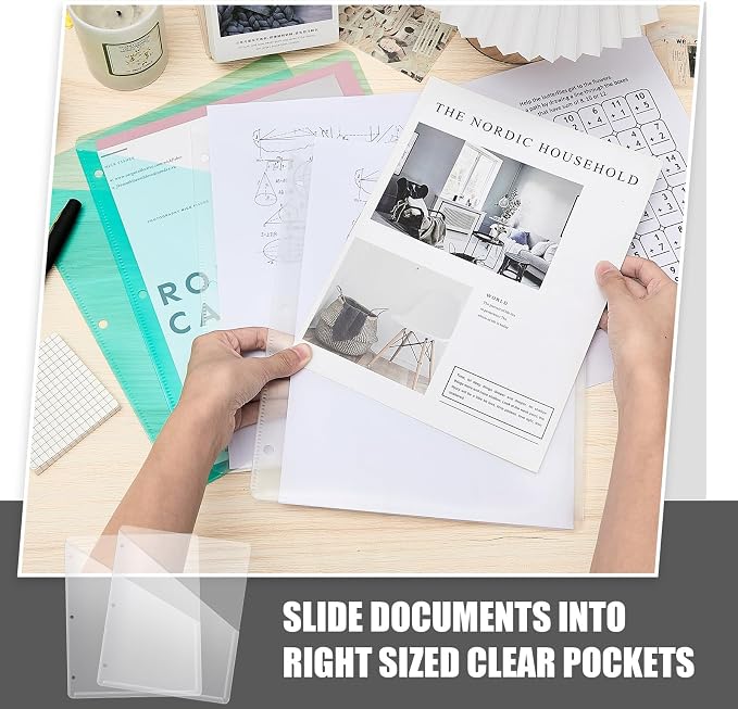 Seajan 200 Pcs Pocket Folders for 3 Ring Binder Clear Plastic Folders Sleeves with 2 Pockets 3 Hole Punch Binder Dividers Poly Slash File Jackets for Office School Document Organizer (Transparent)