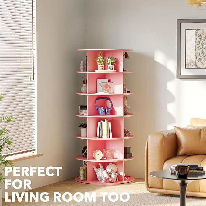 SpaceAid 6 Tier Rotating Shoe Rack Tower, Spinning Shoe Display Lazy Susan, Revolving 360 Shoe Rack Storage Round Carousel, Vertical Handbag Rotate Shoes Closet Organization (6-Tier Pink)