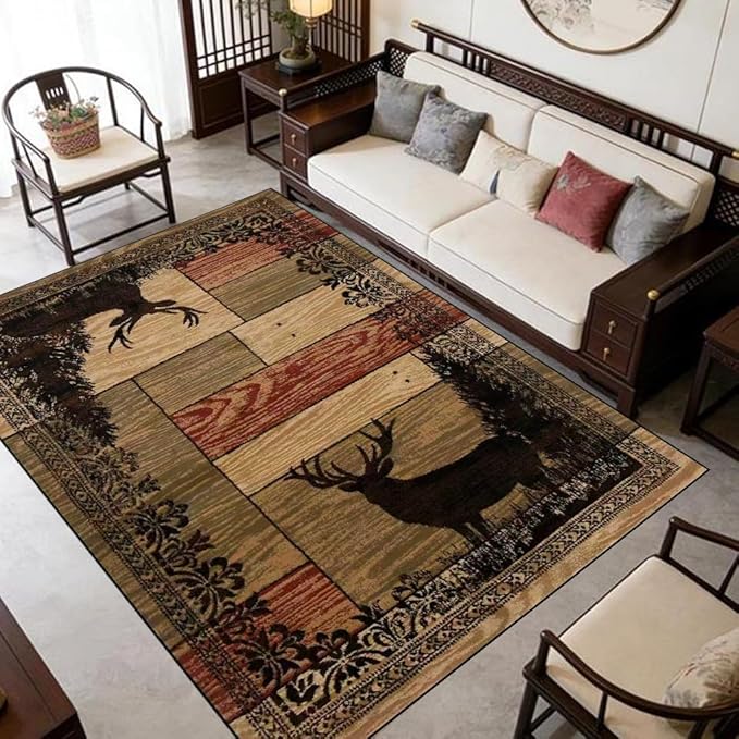 Vintage American Style Rug for Living Room Rustic Lodge Cabin Moose Deer Rugs Native Village Country Carpet Floor Mat 6'x9'