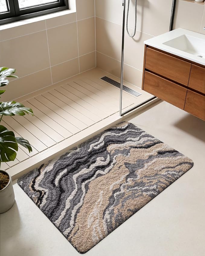 DEXI Bathroom Rug Mat 36x24, Soft and Absorbent Marble Bath Mat, Non Slip Machine Washable Bath Rugs for Shower Floor, Tub, Sink, Grey and Beige