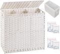 SETVSON Laundry Hamper with Lid Laundry Basket 132 L PE Rattan, White | Large Family Clothes Sorter Trunk with Lid, 3 Compartment Washable Liners, 6 Mesh Bags, Collapsible Steel Frame
