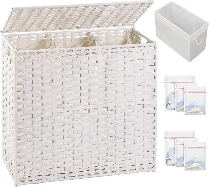 SETVSON Laundry Hamper with Lid Laundry Basket 132 L PE Rattan, White | Large Family Clothes Sorter Trunk with Lid, 3 Compartment Washable Liners, 6 Mesh Bags, Collapsible Steel Frame