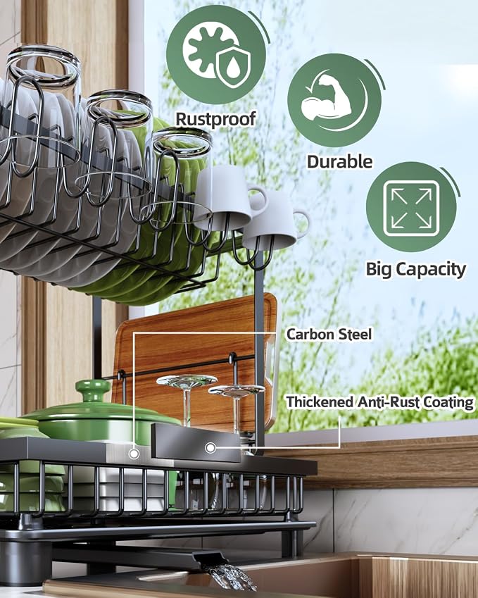 Dish Drying Rack, 2 Tier Space-Saving Dish Rack, Multifunctional Dish Drainer for Kitchen Counter with Drainboard/Utensil/Cup Holder Rustproof Carbon Steel, Black