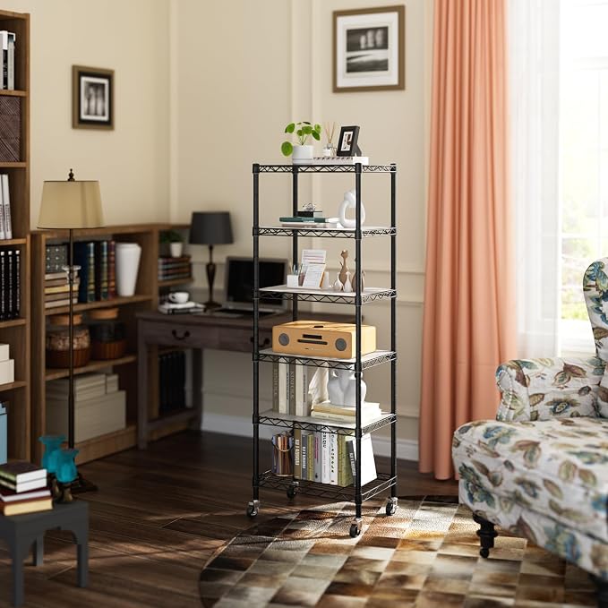 Golpart Small 6 Tier Shelves Storage Wire Shelving Unit Metal Shelf Adjustable Organizers Storage Shelving with Wheels for Bathroom Laundry Room Kitchen Pantry11.7”D x 17.7”W”W x 61.6”H Black