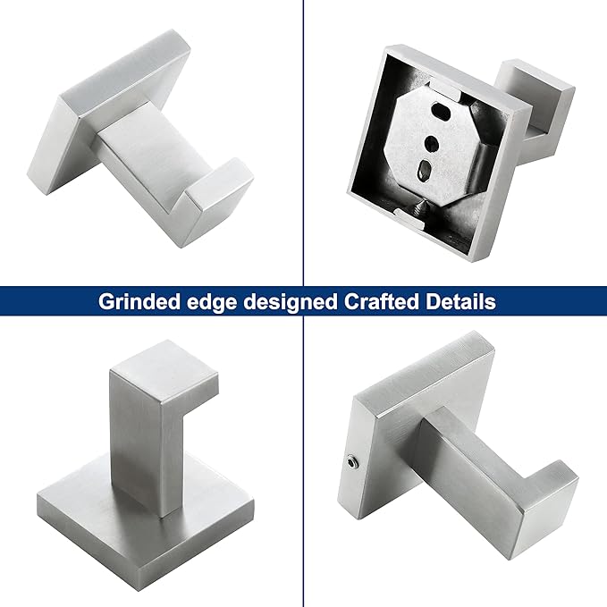 Towel Hooks For Bathrooms, Brushed Nickel Towel Hook For Kitchen Bathroom, SUS304 Stainless Steel Coat Hook, Square Heavy Duty Holder Robe Hooks For Hanging Towels,Coats,Sponges,Wall Mount, 8 Pack