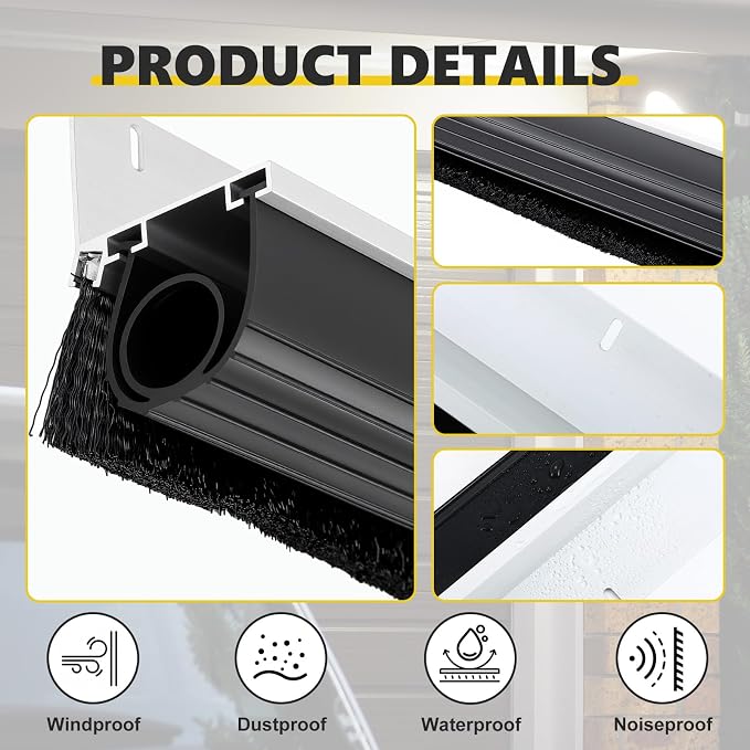 DoubleFill 10 x 10 ft Complete Garage Brush Seal Kit, 3'' Roll up Door Seal and U and O Shape Universal Garage Door Seals Bottom Rubber with Brush and Aluminum Track Weatherproof for Warehouse