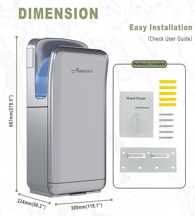 Commercial Vertical Hand Dryer, 110V High Speed, Silver | Touchless electric hand dryer for bathrooms, restrooms, offices, hotels, schools, and high-traffic public spaces.