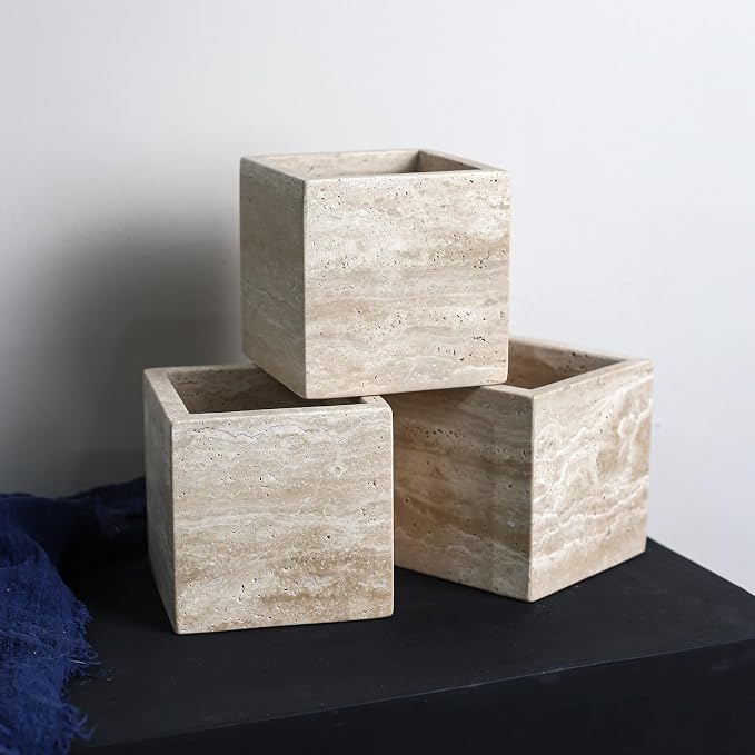 Natural Stone Makeup Brush Holder for Vanity, Marble Toothbrush Holder for Bathroom, Luxurious Countertop Organizer, Travertine Bathroom Accessories Beige Square
