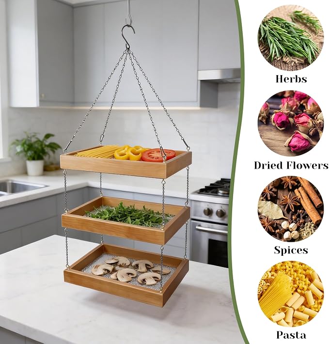 Tnstbiee 3-Tier Hanging Wooden Herb Drying Rack, Compact Mesh Flower Dryer | 13.75"x9.84" Mesh Herb Dryer. Space-Saving For Herbs, Pasta & Blooms, Perfect For Craft Rooms, Sunrooms, Gift For Gardeners