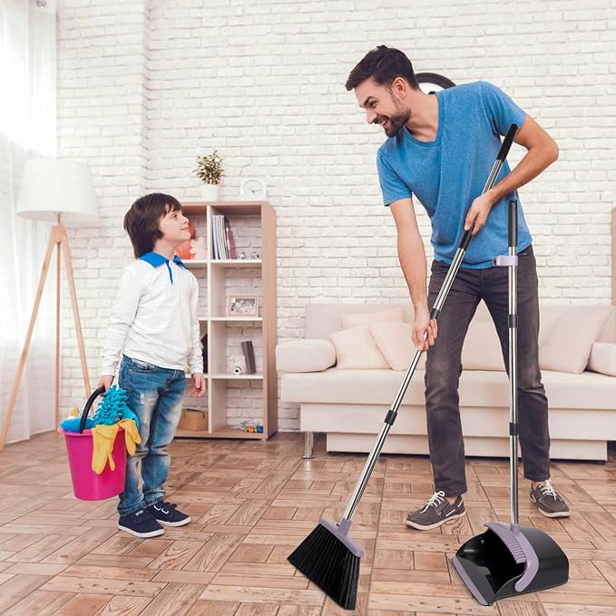 Broom and Dustpan Set, Dustpans with Broom Combo for Home, Heavy Dust Broom and Dustpan Combo, Long Handle Dust Pan and Broom Set for Kitchen, Office, Pet Hair, Charcoal Color, Pack of 1