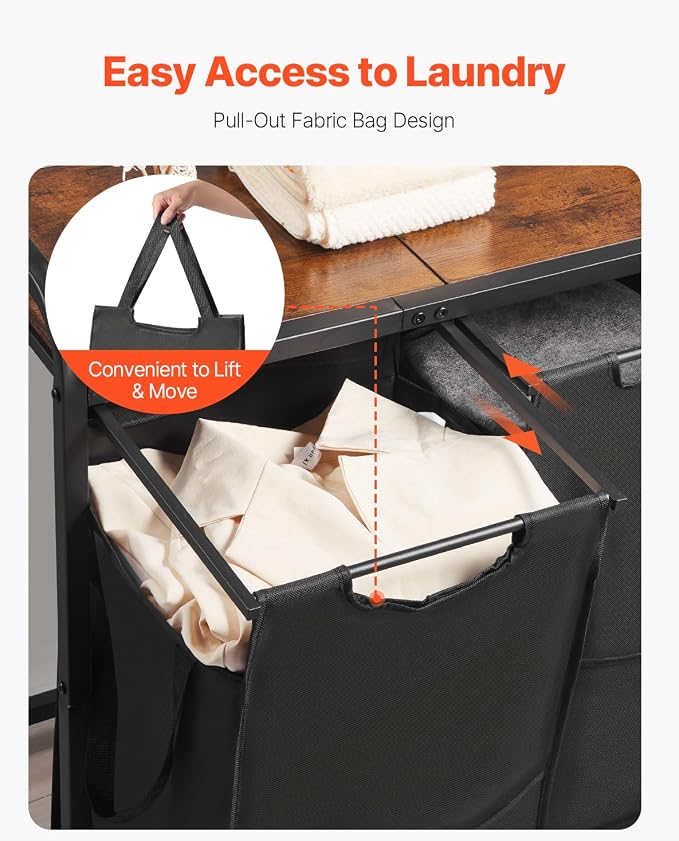 VEVOR 2 Section Laundry Sorter, Large Laundry Hamper with Metal Frame and Wooden Tabletop, Freestanding Storage Organizer Baskets with Pull-Out 600D Oxford Cloth Bags for Dirty Clothes, Bathroom