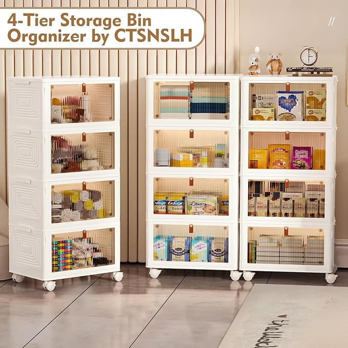 CTSNSLH 4 Tier Plastic Storage Bins with Lid 23QT - Stackable Storage Bins with Wheels, Organizers and Storage, Plastic Storage Cabinet Organization and Storage for Living Room,Office,Dorm