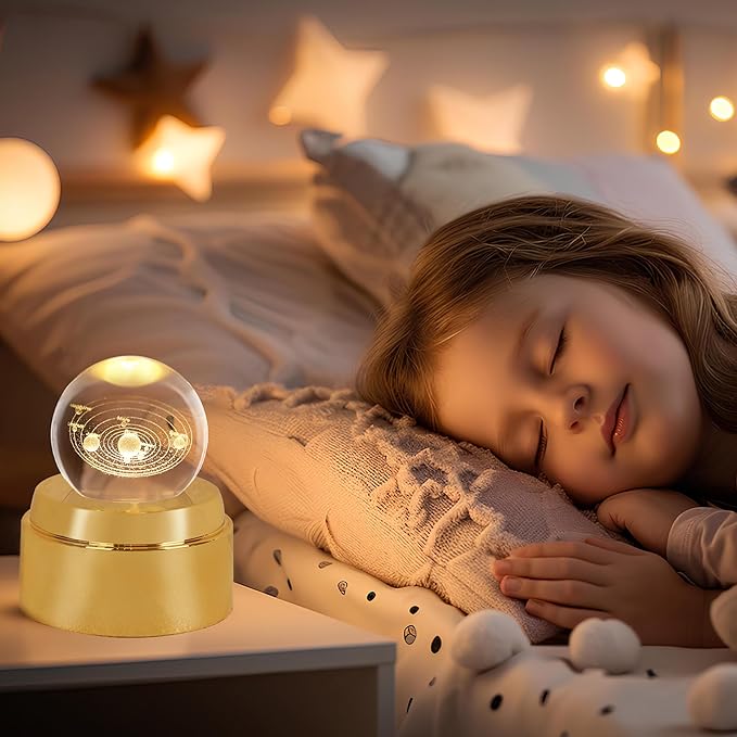 ZHSHWAT Solar System Crystal Ball Night Light with Rotating Glowing Base - 3D Laser Engraved Glass Ball, USB Powered Celestial Decor, Space Gifts & Science Gifts for Kids Adults Home Office Desk