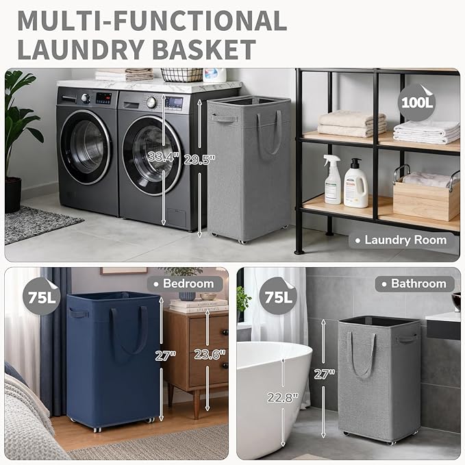 CHICVITA Laundry Basket with Wheels, 75L Slim Laundry Hamper with Removable Wash Bag for Bedroom, Clothes Hampers for College Dorm, Light Grey