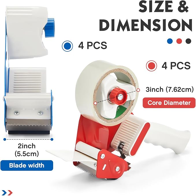 Harloon 8 Pieces Packing Tape Dispenser Gun for 2 Inches Width Tape Handheld Tape Gun for Shipping Industrial Packaging Box Wrapping, Moving Packing Boxes Sealing, Blue and Red