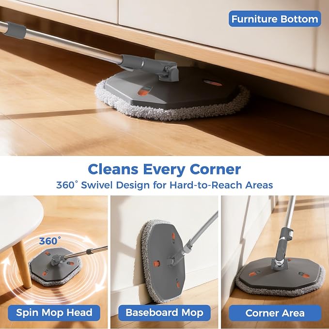 Spin Mop and Bucket Set with Wringer, Hands-Free Floor Mop System | Clean & Dirty Water Separation, Hands-Free Wringing, 360° Spin Mop Head, Detachable Bucket