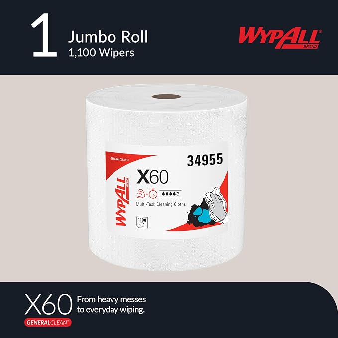WypAll GeneralClean X60 Cloths Multi-Task Cleaning Wipes, Jumbo (34955), Strong and Absorbent Towels, White (1 Roll of 1,100 Sheets, 1,100 Sheet Total)