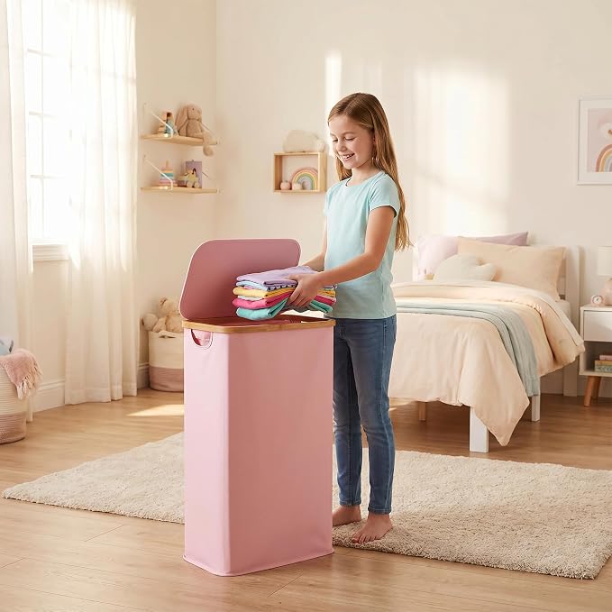 iEGrow 65L Slim Laundry Hamper, Narrow Laundry Basket with Lid,Foldable Clothes Hamper with Bamboo Handles,Hamper Basket with Removable Inner Bag for Laundry Room Bedroom College Dorm,17.17 Gals Pink