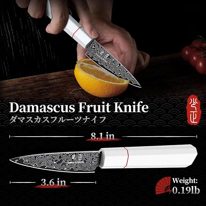 DRGSKL Damascus Fruit Knife 3.5 inch - VG10 Paring Knife with G10 Handle | Japanese VG10 Core, Black Anti-corrosion Coating, Damascus Blade, G10 Handle, Gift Box, Wet Edge Grinding Technology