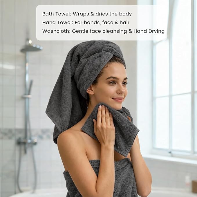 SEMAXE Bath Towel Set, 12 Piece Cotton Towel Set for Bathroom, More Towels for Family Use, Quick Dry with Hanging Loops, Easy Care, Grey
