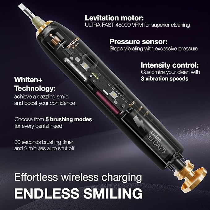Wagner Stern WHITEN+ Electric Toothbrush, 48,000 VPM, Pressure Sensor, 5 Modes, 8 Brush Heads, Travel Case