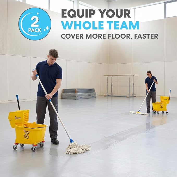 SIMPLI-Magic Side Press Wringer Combo Commercial Mop Bucket on Wheels, 2-Pack, 35 Quart, Yellow, Including Wet Floor Caution Sign and Mop Set, Polyethylene