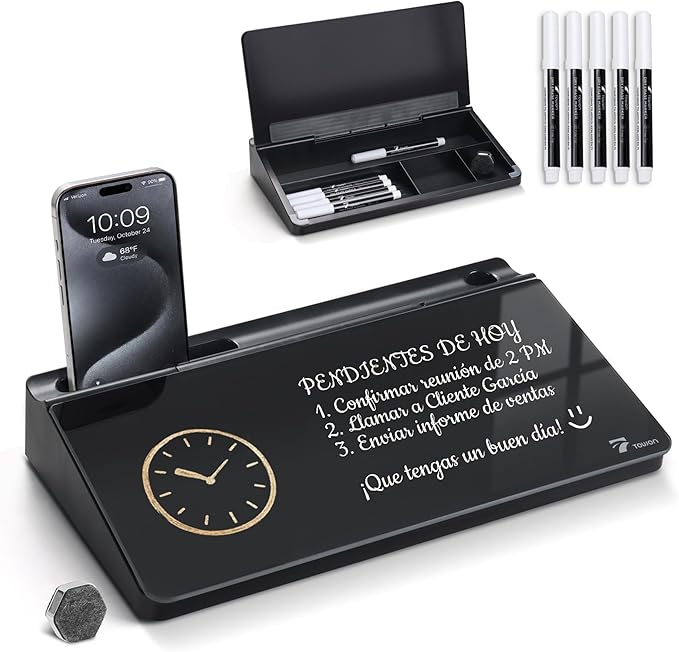 TOWON Small Compact Glass Desktop Whiteboard with Storage – 12 x 7 in Dry Erase Board for Desk, Home Office, School | Includes 5 Markers, Eraser & Holder | Space-Saving Organizer, Aesthetic Black