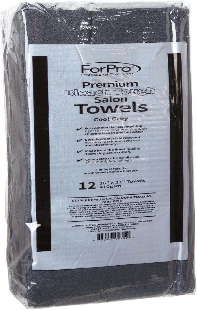 ForPro 12ct Bleach Tough Salon Towels, 16Wx27L in, Cool Grey, 100% Cotton | for Salon, Spa & Gym Use, Hand Towels, Bleach-Safe Salon Towels, Absorbent Spa Towels, Barber Towels, Salon & Spa Essentials