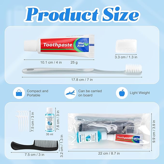 Travel Toothbrush Kit Bulk, Hygiene Kit Bulk with Toothbrush Toothpaste Set, Floss Picks, Comb, Travel Mouthwash, Toothbrush Cover, Individually Packaged, for Travel, Hotels (12-Pack)