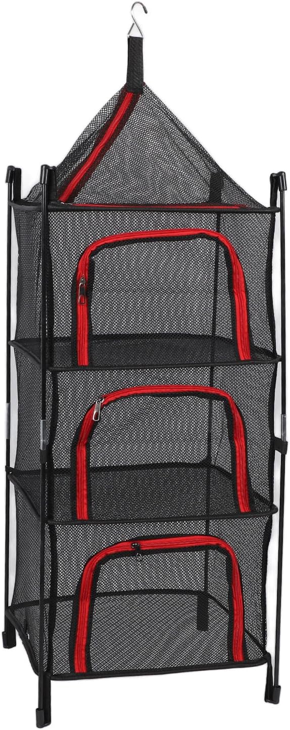 GOWENIC Hanging Drying Mesh, 4 Layer Foldable Mesh Net Rack, Thickened Dryer for Clothes Fish, Multifunctional Hanging Storage Basket for Camping Travel Home (Red)