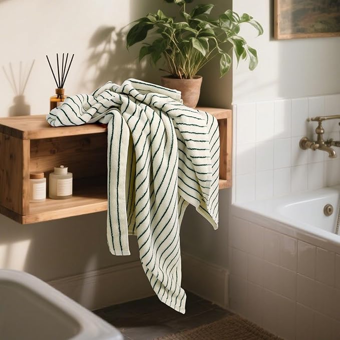 Jacquotha Green Striped Bath Towels Set of 2 | Lighter & Quick Dry Towels Large 27.5 x 55 inches, Farmhouse for Bathroom Decor, Shower, Pool Days