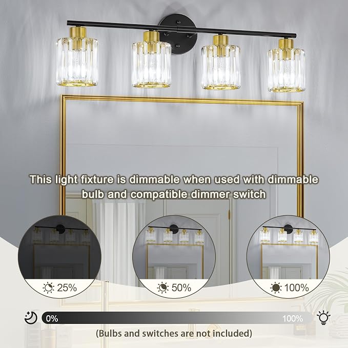 Crystal Bathroom Light Fixtures, Bathroom Lighting Fixtures Over Mirror, Modern Black Gold 4-Light Vanity Lights for Mirror, Restroom, Bedroom (Ceramic E26 Socket,Bulbs Not Include)