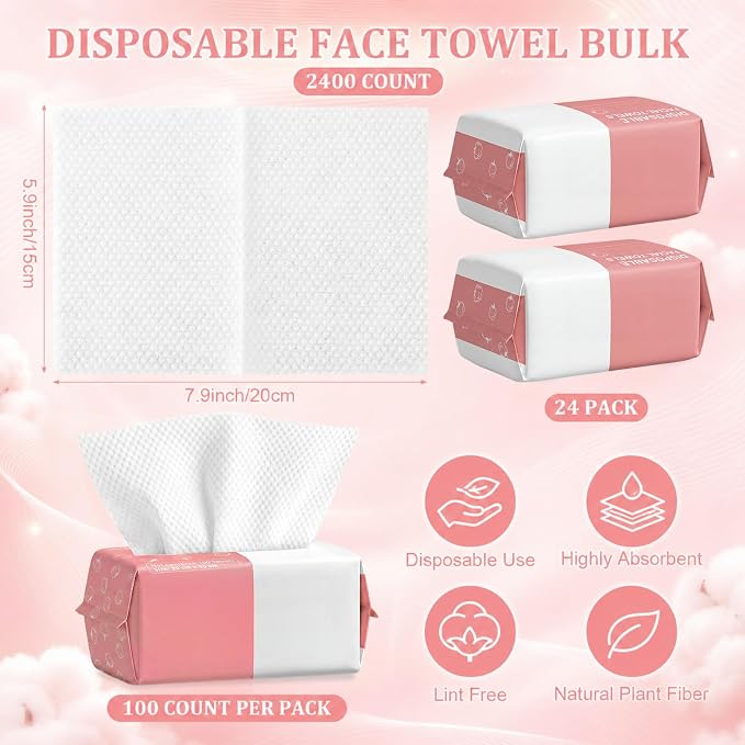 Riakrum Disposable Face Towels Bulk 24 Pack/2400 Ct Makeup Remover Wipes | Plant Fiber Facial Towelettes for Washing Face, 5.9 x 7.9 in, Lint Free Ultra Soft Washcloths, Sensitive Skin, Spa, Travel