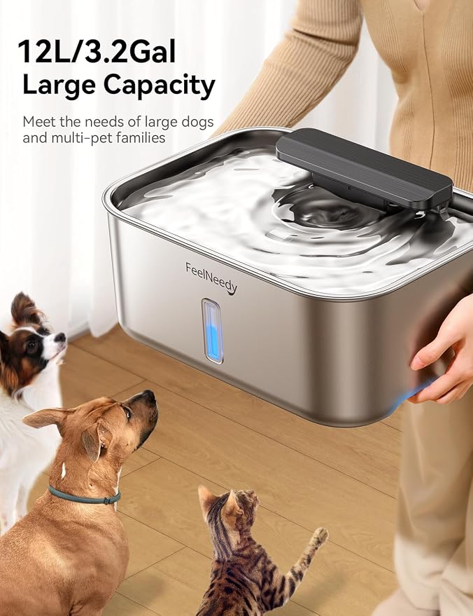 3.2Gal Stainless Steel Dog Water Fountain for Large Dog, Dog Water Bowl Dispenser with Water Level Window, Super Quiet Pet Water Fountain for S-L Dogs and Multi-Pet with 10 Filters & 10 Filter Sponges