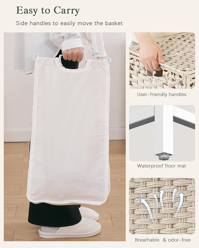 SETVSON Laundry Hamper with Lid, Wicker Laundry Basket, 112 L, Light Khaki | Handwoven PE Rattan, 2 Removable Liner Bags, Metal Heightened Feet, 6 Mesh Bags, Clothes Hamper for Bathroom Bedroom