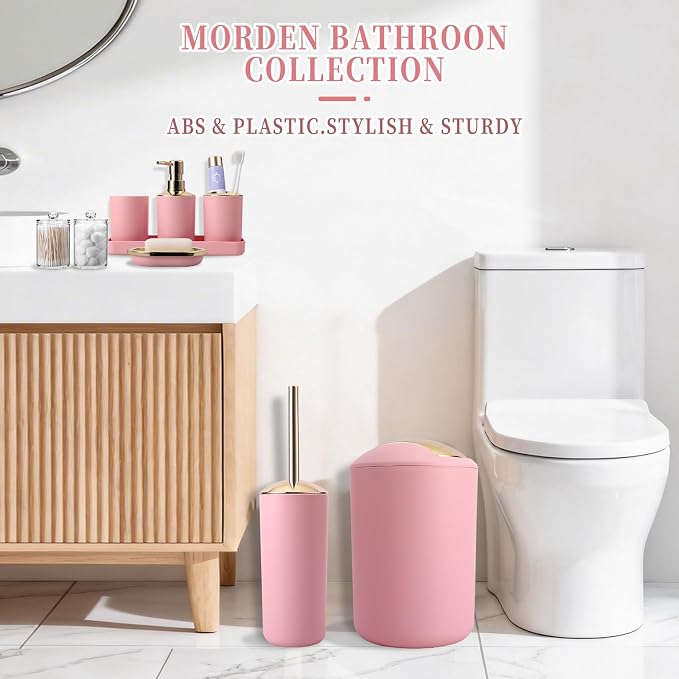 BSSN Pink Bathroom Accessories Set, Luxurious Complete 9-Piece Bath Decor Set with Trash Can, Toilet Brush, Soap Dispenser, Toothbrush Holder, Qtip Jars, Vanity Tray, Soap Dish and Tumbler Cup